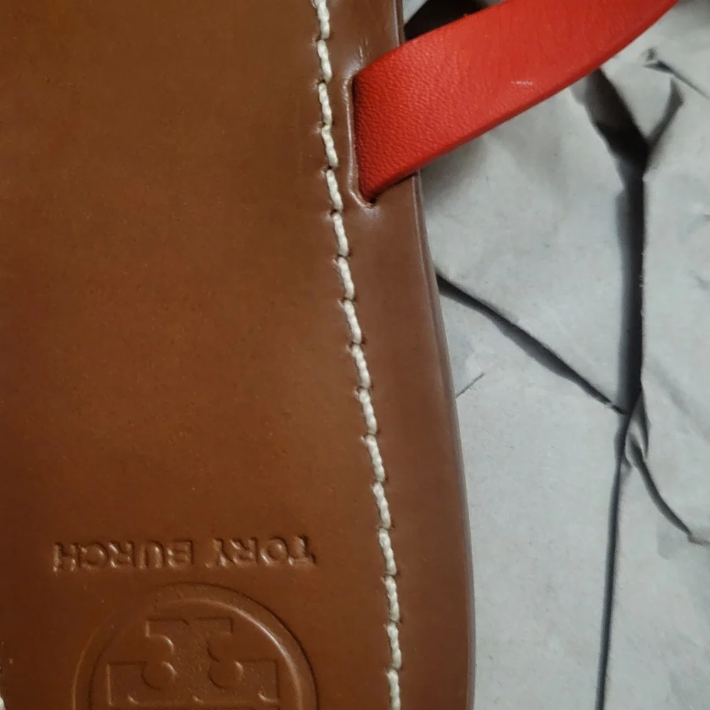 Tory Burch Red Leather Double-Strap Thong Sandals with Gold Logo